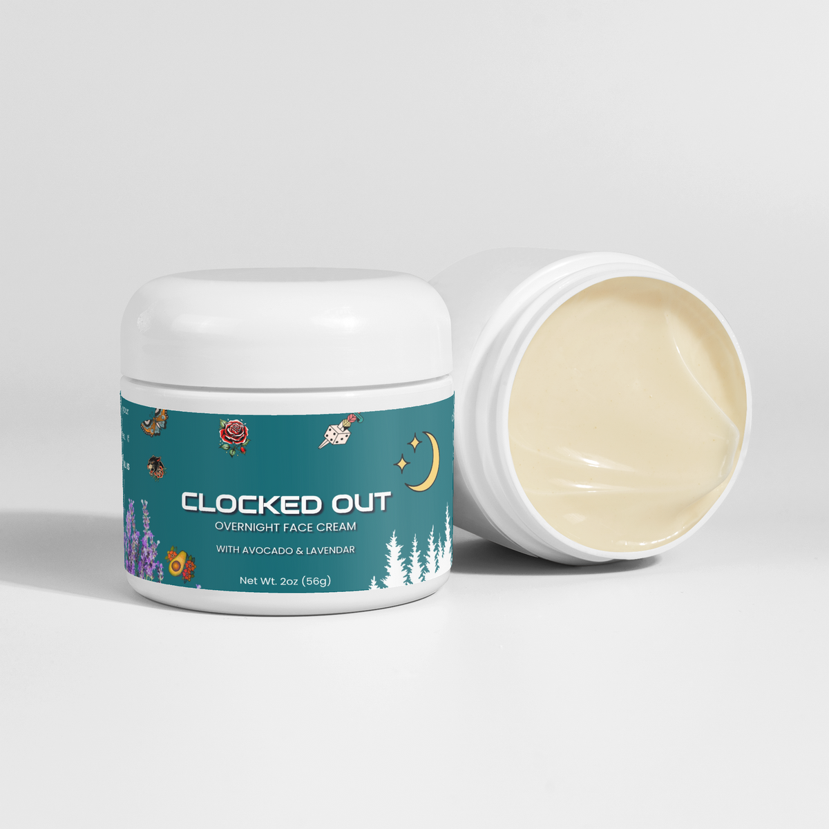 A white cosmetic jar of 'CLOCKED OUT OVERNIGHT FACE CREAM' with a teal illustrated label, shown with its lid off to reveal the cream inside, on a light gray background.