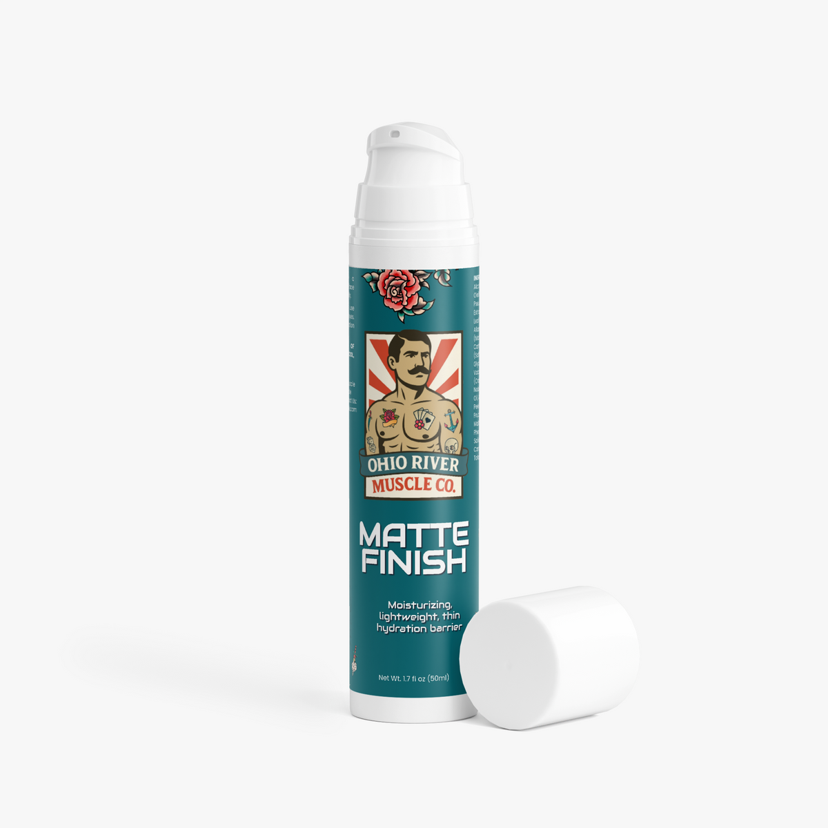 A white pump bottle of Ohio River Muscle Co. Matte Finish moisturizing lightweight skin hydration balm with a teal label, shown next to its detached white cap on a clean white background.