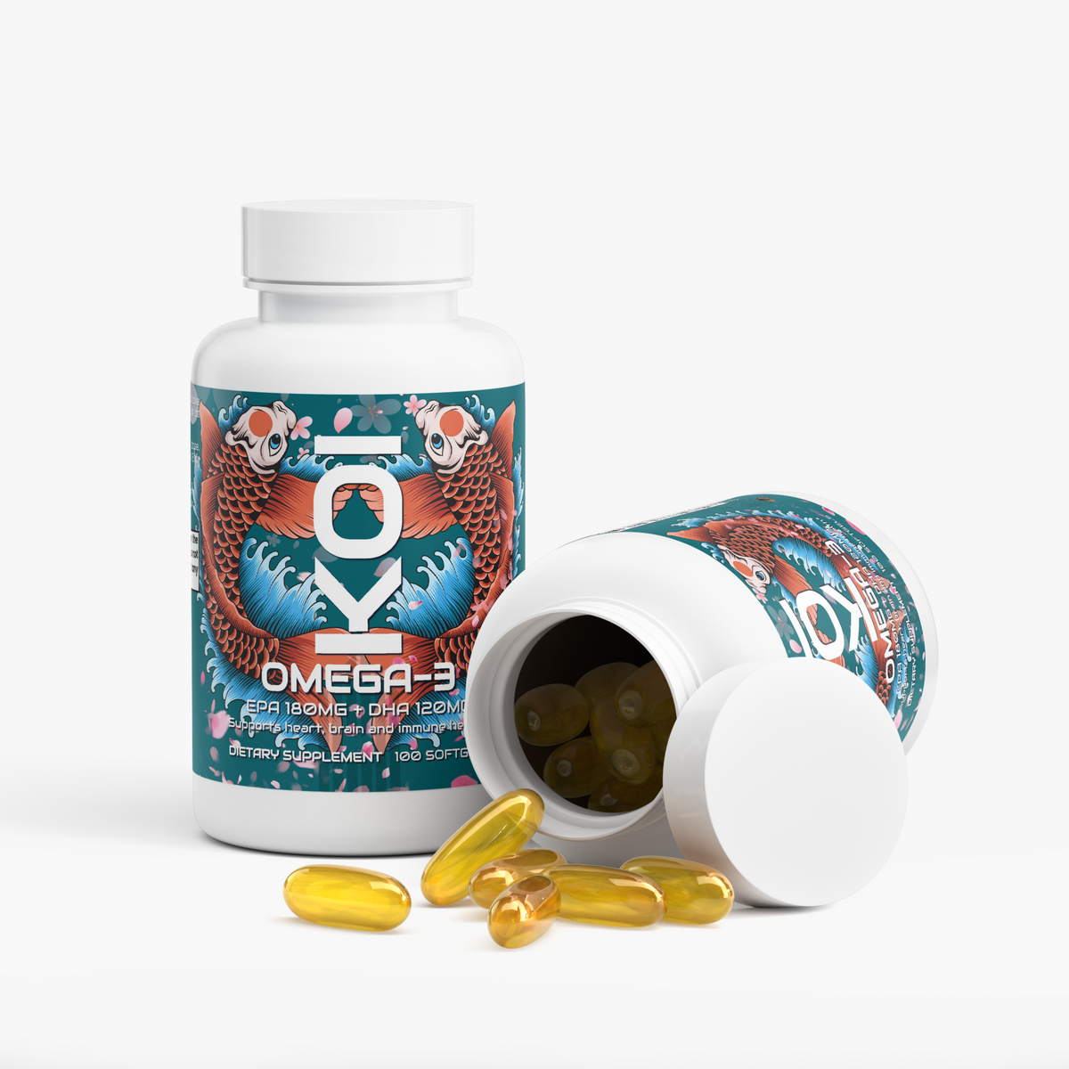 KOI Omega-3 Fish Oil bottles, front label with koi fish art from Ohio River Muscle Co