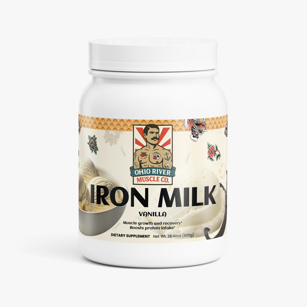 Iron Milk Vanilla Whey Protein Isolate tub, front label