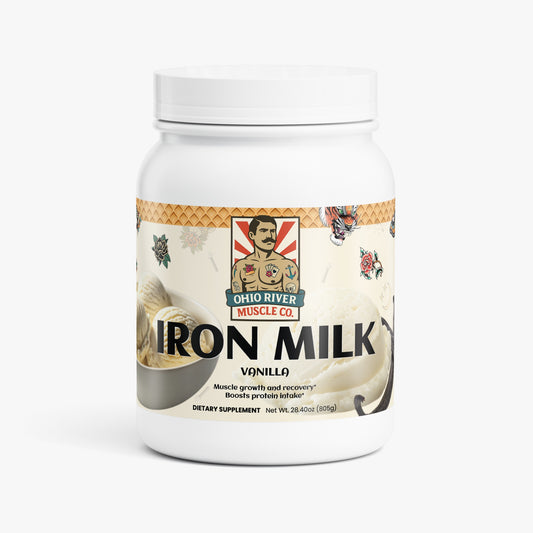 Iron Milk Vanilla Whey Protein Isolate tub, front label