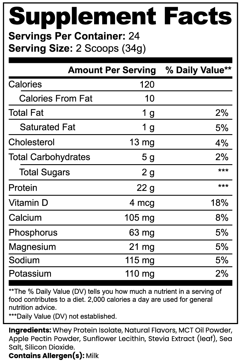 Iron Milk Vanilla Supplement Facts panel, 22 g protein per serving