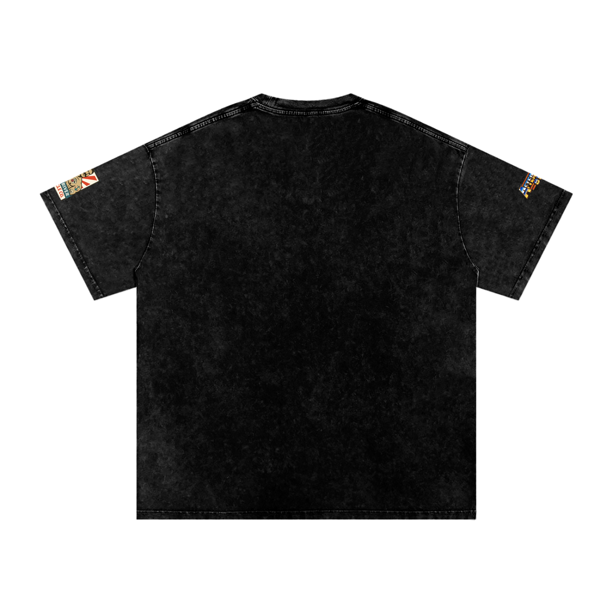 After Dark 812 x Ohio River Muscle Co. oversized pump cover in snow-washed black, back view with sleeve prints