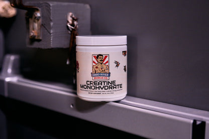 Ohio River Muscle Co. Creatine Monohydrate tub on a metal shelf