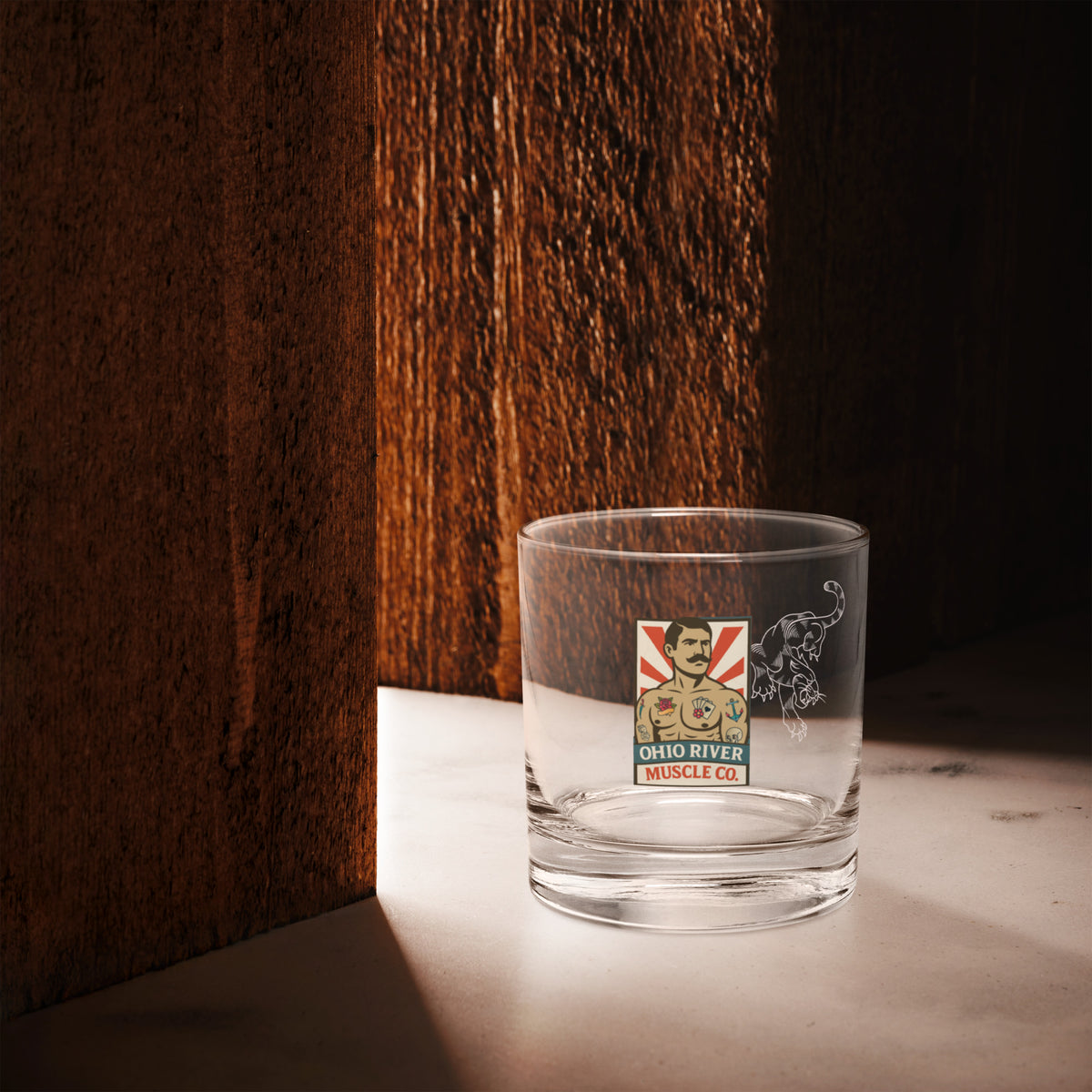 Ohio River Muscle Co. Nightcap rocks glass, front view
