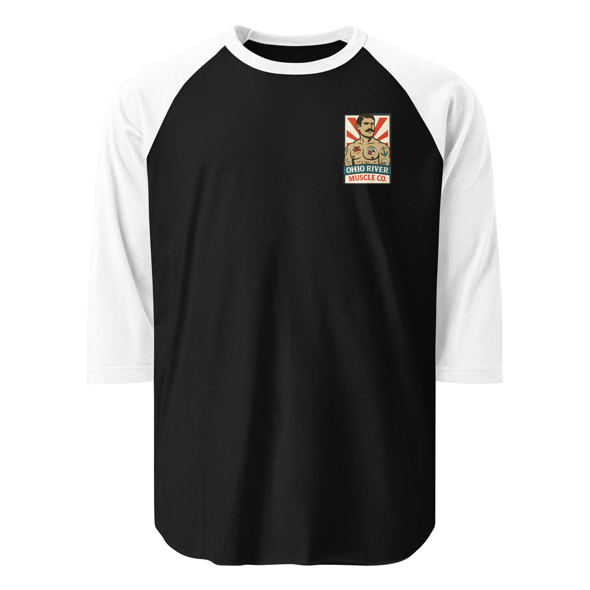 Ohio River Muscle Co. Dugout 3/4 sleeve raglan tee in black and white, front view