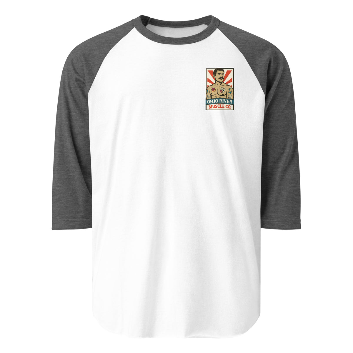 Ohio River Muscle Co. Dugout 3/4 sleeve raglan tee in white and heather charcoal, front view