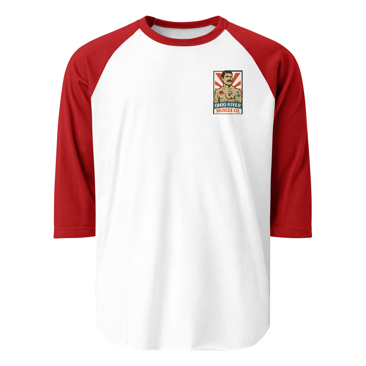 Ohio River Muscle Co. Dugout 3/4 sleeve raglan tee in white and red, front view
