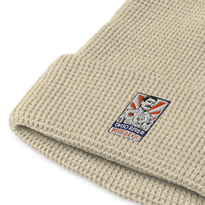 Ohio River Muscle Co. Watch Cap waffle-knit beanie in birch, close-up detail