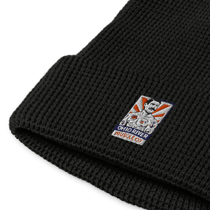 Ohio River Muscle Co. Watch Cap waffle-knit beanie in black, close-up detail