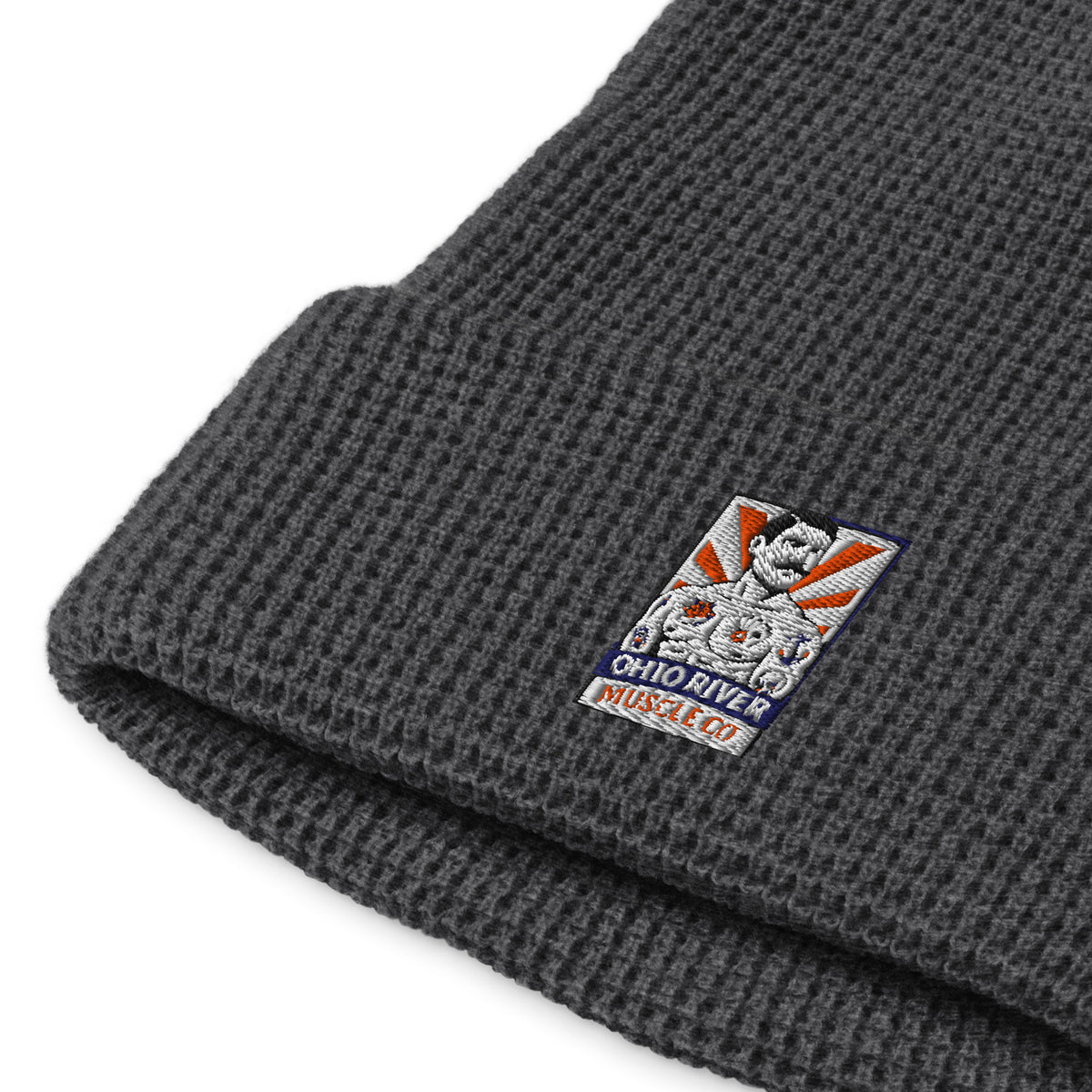 Ohio River Muscle Co. Watch Cap waffle-knit beanie in heather charcoal, close-up detail