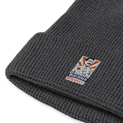 Ohio River Muscle Co. Watch Cap waffle-knit beanie in heather charcoal, close-up detail