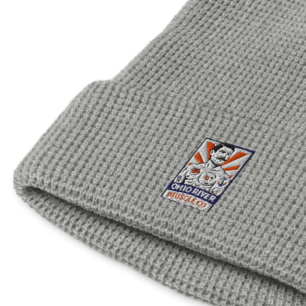 Ohio River Muscle Co. Watch Cap waffle-knit beanie in heather grey, close-up detail