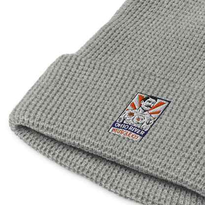 Ohio River Muscle Co. Watch Cap waffle-knit beanie in heather grey, close-up detail