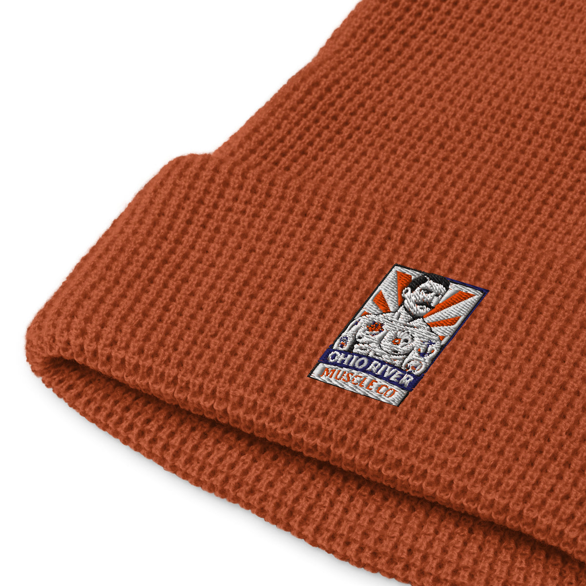 Ohio River Muscle Co. Watch Cap waffle-knit beanie in rust, close-up detail